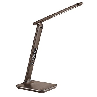 LED stolní lampička s displayem, 9W, volba teploty světla, kůže, hnědá