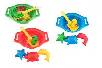 Sada na písek - sítko 26x21cm, lopatka, 4 bábovky plast 3 barvy v síťce 12m+