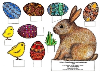 Ostern - Bastelbogen, Ausschneidebogen. Osterhase, Ostereier, Küken und Blumen zum Basteln