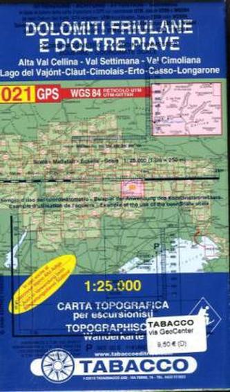 Tabacco topographische Wanderkarte Dolomiti Friulane E D' Oltre Piave