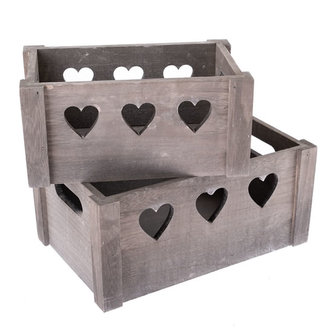 Sada dřevěných bedýnek se srdíčky - šedá 2 ks