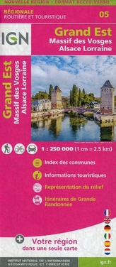 IGN Karte, Régionale Routière et Touristique Grand Est (Massif des Vosges Alsace Lorraine) Recto/verso