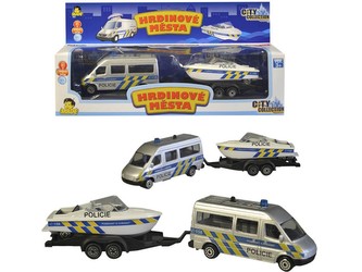 Policejní auto s přívěsem a lodí, světlo a zvuk, volná kola, 19cm