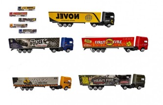 Auto kamion s návěsem kov/plast 20cm na volný chod mix druhů v plast. krabičce 20x5x3cm 24ks v boxu