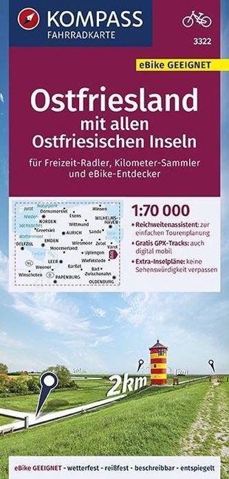 KOMPASS Fahrradkarte Ostfriesland mit allen Ostfriesischen Inseln 1:70.000, FK 3322