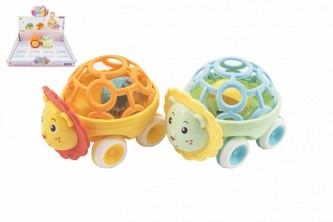 Chrastítko autíčko zvířátko plast 14cm 2 barvy na volný chod 8ks v boxu 3m+