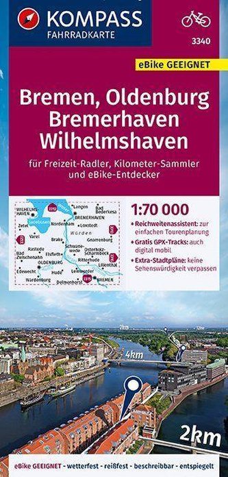 KOMPASS Fahrradkarte Bremen, Oldenburg, Bremerhaven, Wilhelmshaven 1:70.000, FK 3340