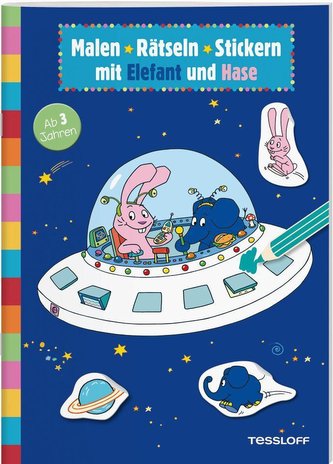 Malen . Rätseln . Stickern mit Elefant und Hase