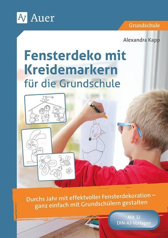 Fensterdeko mit Kreidemarkern für die Grundschule