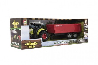 Traktor s vlekem plast 35cm na setrvačník na baterie se zvukem se světlem v krabici 39x13x13cm