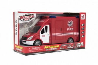 Auto hasiči plast 28cm na setrvačník na baterie se zvukem se světlem v krabici 32x18x12cm