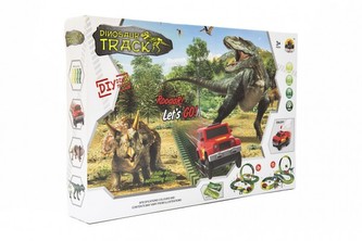 Dráha dino + auto 10x5cm plast 172ks na baterie s doplňky v krabici 48x32x7cm