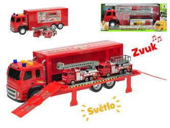 Kamion 40cm na setrvačník na baterie se světlem a zvukem+2auta hasiči kov 12cm v krabičce