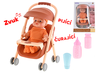 Miminko 24cm pijící a čurající na baterie 4zvuky v kočárku s doplňky v krabičce