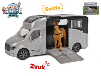 Auto přepravní 20cm na setrvačník kov na baterie se světlem a zvukem s koněm v krabičce