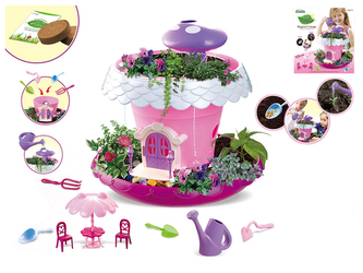 Chaloupka kouzelná růžová 27cm se zahrádkou k pěstování rostlin s doplňky v krabičce