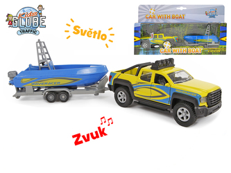 Tahač s lodí kov 27cm zpětný chod na baterie se světlem a zvukem v krabičce