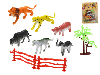 Zvířátka safari 7-9cm 5ks + 2ks ohrádky a stromek, na kartě