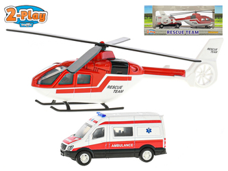 Sada záchranáři helikoptéra 16cm kov + auto ambulance 7cm kov volný chod 2-Play v krabičce