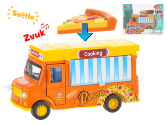 Foodtruck pizza 11cm kov 1:36 magnetický zpětný chod na baterie se světlem a zvukem v krabičce