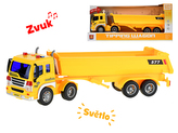 Auto nákladní 1:16 38cm na setrvačník na baterie se světlem a zvukem žluté v krabičce