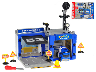 Stanice policejní šroubovací 67ks s autem 10cm na setrvačník v krabičce