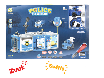 Policejní stanice s autem a letadlem na baterie se světlem a zvukem s doplňky v krabičce