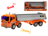 Auto nákladní 1:16 38cm na setrvačník na baterie se světlem a zvukem oranžové v krabičce