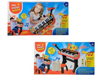 Píáno elektrické s mikrofonem a židličkou, na baterie, 34x62x9cm