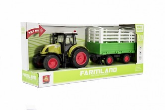 Traktor s vlekem plast 39cm na setrvačník na baterie se zvukem se světlem v krabici 42x19x12cm