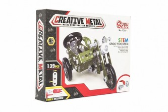 Stavebnice kovová vojenská tříkolka motorka 139 dílků v krabici 26x20x4cm