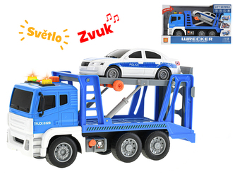Auto přepravní 30cm 1:12 na setrvačník na baterie se světlem a zvukem s autem policie v krabičce