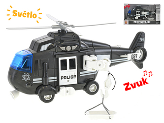Helikoptéra 28cm na setrvačník na baterie se světlem a zvukem černá v krabičce