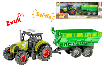 Traktor s vlečkou 32cm na setrvačník a baterie se světlem a zvukem 3zvuky v krabičce