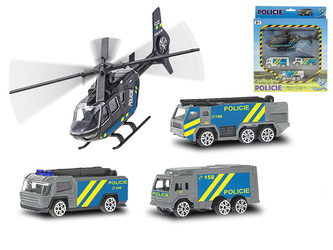 Vozidla policie 7cm kov volný chod 3ks s vrtulníkem 17cm v krabičce