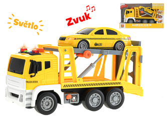 Auto přepravní 30cm 1:12 na setrvačník na baterie se světlem a zvukem s autem taxi v krabičce