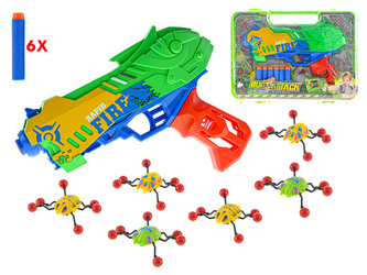 Pistole 24cm na natažení s pěnovými náboji 6ks a hmyzem jako terč v kufříku