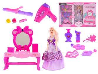 Kosmetický stolek 25x11x30,5cm + panenka 29cm s doplňky v krabičce