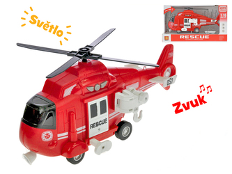 Helikoptéra 28cm na setrvačník na baterie se světlem a zvukem červená v krabičce