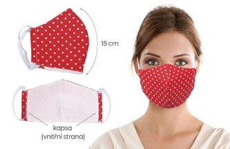 Ústní rouška bavlněná na gumičku s vnitřní kapsou - červený puntík - délka oblouku 15cm