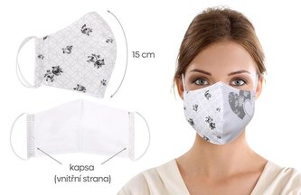 Ústní rouška bavlněná na gumičku s vnitřní kapsou - srdce šedé - délka oblouku 15cm -dámská