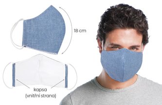 Ústní rouška bavlněná na gumičku s vnitřní kapsou - uni modrá - délka oblouku 18cm