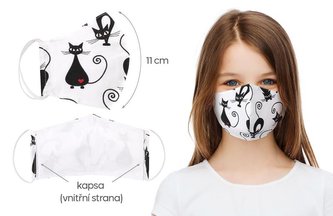 Ústní rouška dětská , dívčí bavlněná na gumičku s vnitřní kapsou - kočičky - délka oblouku 11cm