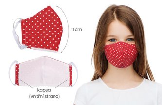 Ústní rouška dětská , dívčí bavlněná na gumičku s vnitřní kapsou - červený puntík - délka oblouku 11cm