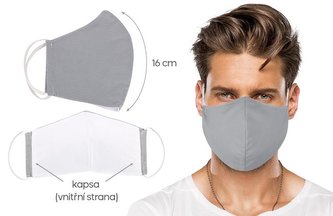 Ústní rouška bavlněná na gumičku s vnitřní kapsou - uni šedá - délka oblouku 16cm