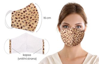 Ústní rouška bavlněná na gumičku s vnitřní kapsou - kávová zrna - délka oblouku 15cm -dámská