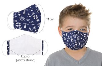 Ústní rouška dětská , chlapecká bavlněná na gumičku s vnitřní kapsou - modrá kotva - délka oblouku 13cm