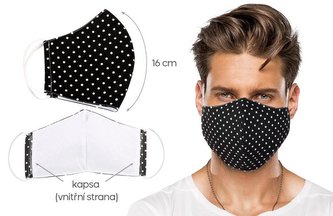 Ústní rouška bavlněná na gumičku s vnitřní kapsou - černý puntík - délka oblouku 16cm