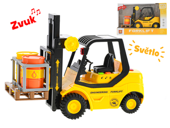 Vysokozdvižný vozík 23cm 1:16 na setrvačník na baterie se světlem a zvukem v krabičce