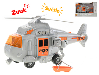 Vrtulník 20cm na setrvačník na baterie se světlem a zvukem šedý v krabičce